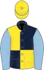 Dark blue and yellow (quartered), light blue sleeves, yellow cap