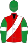 Red, white sash, green sleeves, white armlets, green cap