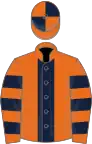 Orange, dark blue stripe, hooped sleeves, quartered cap