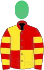 Red and yellow (quartered), hooped sleeves, emerald green cap