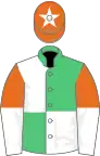 Emerald green and white (quartered), orange and white halved sleeves, orange cap, white star