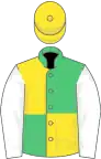 Emerald green and yellow quartered, white sleeves, yellow cap