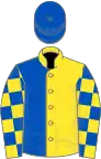 Yellow and royal blue (halved), checked sleeves, royal blue cap