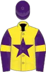Yellow, purple star, purple sleeves, yellow armlets, purple cap