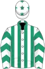 White and emerald green stripes, chevrons on sleeves, white cap, emerald green stars