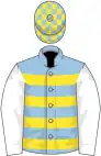 Light blue, yellow hoops, white sleeves, light blue and yellow check cap