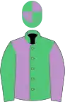 Emerald green and mauve halved, sleeves reversed, quartered cap
