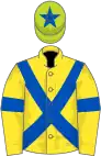 Yellow, royal blue cross belts and armlets, lime green cap, royal blue star