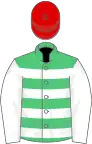 Emerald green and white hoops, white sleeves, red cap
