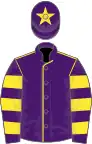 Purple, yellow seams, hooped sleeves and star on cap