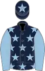 Dark blue, light blue stars, light blue sleeves, dark blue cap, light blue star