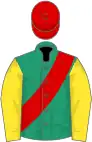 Emerald green, red sash, yellow sleeves, red cap