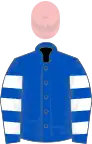Royal blue, white hooped sleeves, pink cap