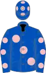 Royal blue, large pink spots, royal blue sleeves, pink spots and spots on cap