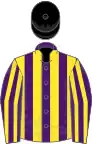 Purple and yellow stripes, black cap