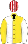 White and yellow (halved), sleeves reversed, red and white striped cap