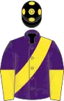 Purple, yellow sash, halved sleeves, black cap, yellow spots