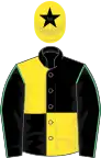 Black and yellow quartered, black sleeves, emerald green seams, yellow cap, black star
