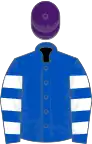 Royal blue, white hooped sleeves, purple cap