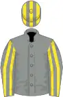 Grey, yellow striped sleeves and cap