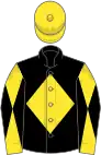 Black, yellow diamond, yellow and black diabolo on sleeves, yellow cap