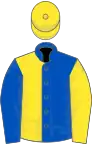 Royal blue and yellow (halved), sleeves reversed, yellow cap