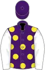 Purple, yellow spots, white sleeves, purple cap