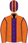 Orange, purple panel, purple seams on sleeves, striped cap