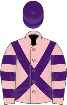 Pink, purple cross belts, hooped sleeves, purple cap