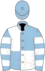 Light blue and white (quartered), hooped sleeves, light blue cap