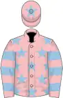 Pink, light blue stars, hooped sleeves, star on cap