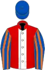 RED, white panel, royal blue sleeves, orange stripes, royal blue cap