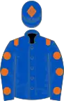 Royal blue, orange epaulets, royal blue sleeves, orange spots, royal blue cap, orange diamond