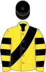 Yellow, black hooped sleeves and sash, black cap