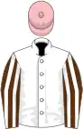 White, brown and white striped sleeves, pink cap