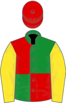 Green and red (quartered), yellow sleeves, red cap