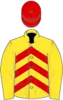 Yellow, red chevrons, yellow sleeves, red cap