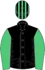 Black, emerald green sleeves, striped cap