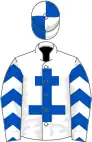 White, royal blue cross of lorraine, chevrons on sleeves, quartered cap
