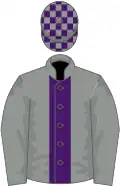 grey,purple panel, check cap