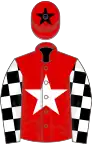 Red, white star, black and white check sleeves, red cap, black star
