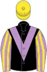 Black, mauve chevron, mauve and yellow striped sleeves, yellow cap