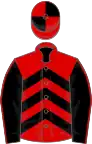 Red, black chevrons, black sleeves, red seams, red and black quartered cap