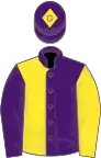 Purple and yellow halved, sleeves reversed, yellow diamond on cap