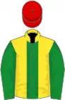 Yellow, green stripe and sleeves, red cap