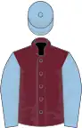 Claret, light blue sleeves and cap