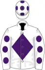 White, purple diamond, white sleeves, purple spots and cap