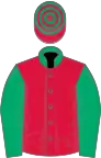 Crimson, jade green sleeves and collar, hooped cap