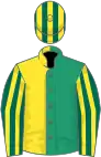 Emerald green and yellow halved, dark green and yellow striped sleeves and cap