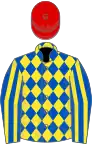 Royal blue and yellow diamonds, striped sleeves, red cap